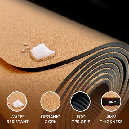 Premium Non Toxic Cork Yoga Mat with Storage Bag & Strap - 4MM Thick Large Size | Eco-Friendly, Non-Slip, & Sweat Resistant