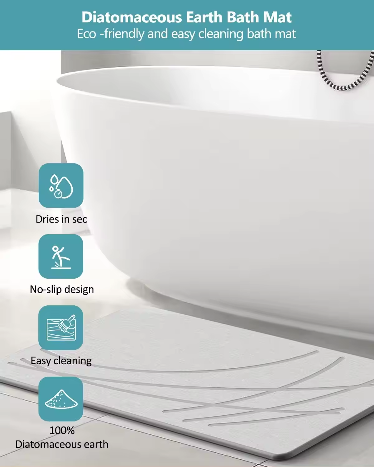 TerraDry Stone Bath Mat - Non-Slip Super Absorbent Diatomaceous Earth Stone Mat